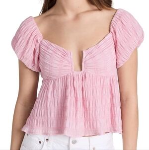 Astr Nalda Crinkle Puff Sleeve Off The Shoulder Top Pink XS Babydoll